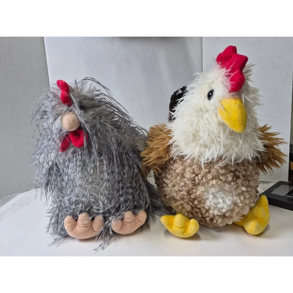 Rooster Chicken Plush Set Grey and Brown Stuffed Animal large 11in Barn Fun Fur